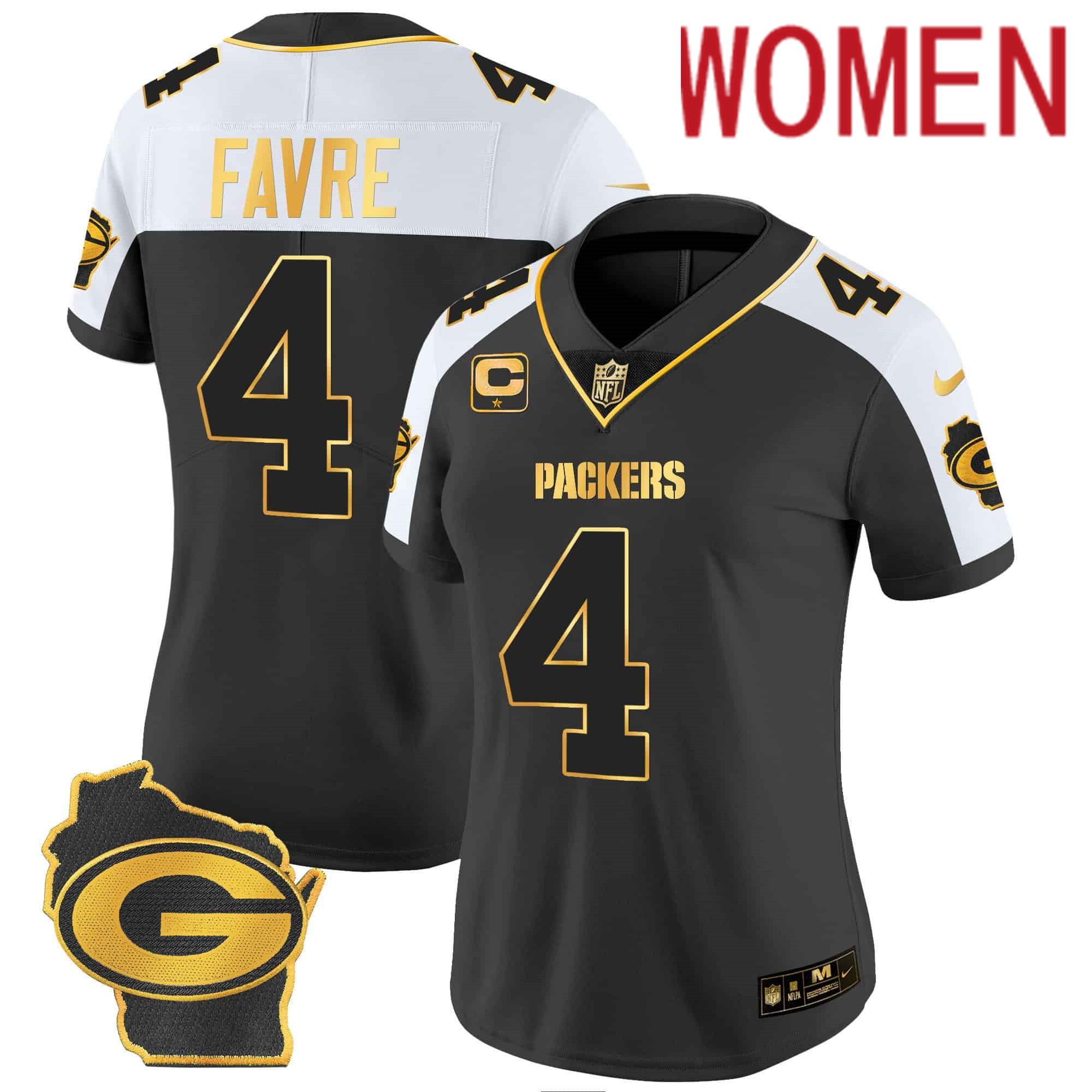 Women Green Bay Packers #4 Favre Black Gold 2024 Nike Home Patch Vapor NFL Jersey